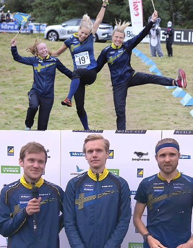 Segrarlagen på världscupstafetten, med Linnélöparna Johanna och Albin till vänster i bild.