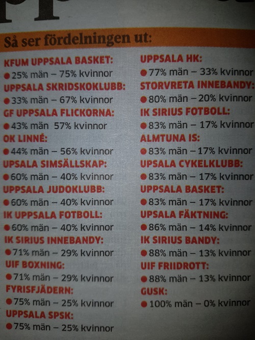 Tabellen över könsfördelningen i de 21 granskade idrottsföreningarna i UNT 10 augusti.